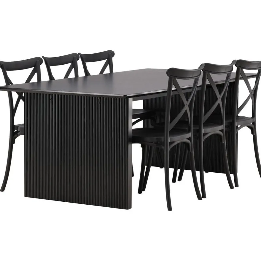 Ruokailuryhmä Venture Home, 200x100cm musta Vail-pöytä + 6 mustaa Crosett-tuolia