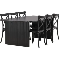Ruokailuryhmä Venture Home, 200x100cm musta Vail-pöytä + 6 mustaa Crosett-tuolia
