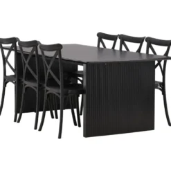 Ruokailuryhmä Venture Home, 200x100cm musta Vail-pöytä + 6 mustaa Crosett-tuolia