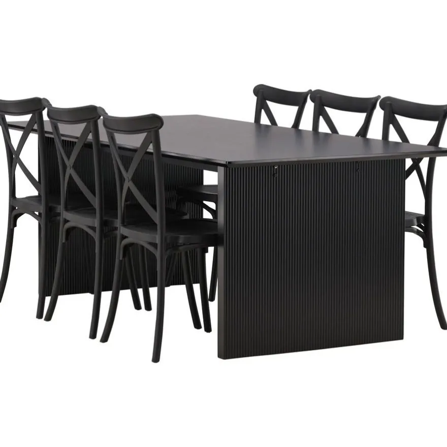 Ruokailuryhmä Venture Home, 200x100cm musta Vail-pöytä + 6 mustaa Crosett-tuolia