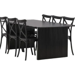 Ruokailuryhmä Venture Home, 200x100cm musta Vail-pöytä + 6 mustaa Crosett-tuolia