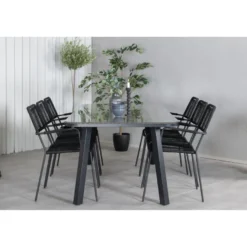 Ruokailuryhmä Venture Home, 200x100cm ruskea/musta Paola-pöytä + 6 mustaa Lindos-tuolia, käsinojilla
