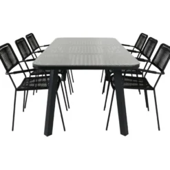 Ruokailuryhmä Venture Home, 200x100cm ruskea/musta Paola-pöytä + 6 mustaa Lindos-tuolia, käsinojilla