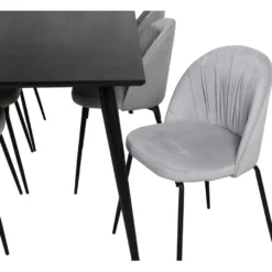 Ruokailuryhmä Venture Home, 180x90cm musta Dipp-pöytä + 6 harmaata Wrinkles-tuolia, sametti