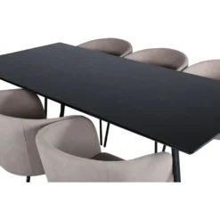 Ruokailuryhmä Venture Home, 190x90cm musta Petra-pöytä + 6 beigeä Berit-tuolia