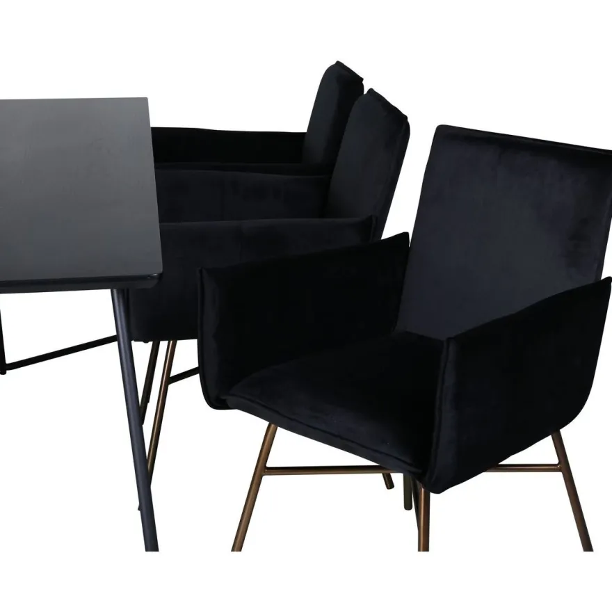 Ruokailuryhmä Venture Home, 190x90cm Petra-pöytä + 6 mustaa Petra-tuolia, sametti