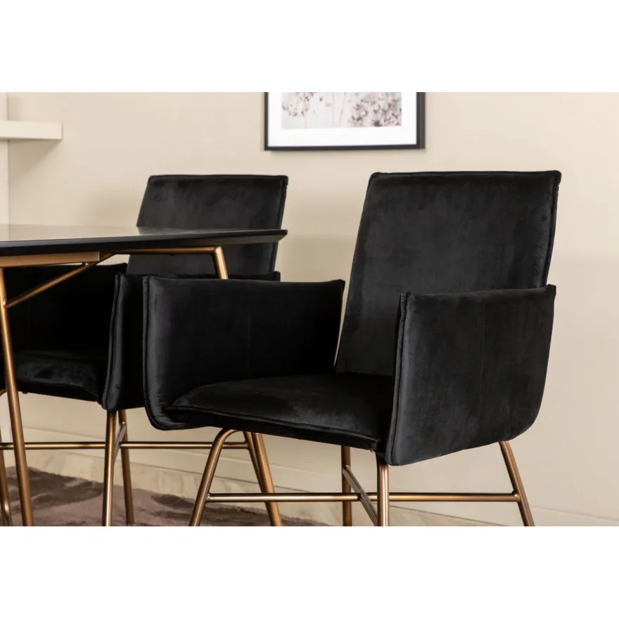 Ruokailuryhmä Venture Home, 190x90cm Petra-pöytä + 6 mustaa Petra-tuolia, sametti