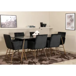 Ruokailuryhmä Venture Home, 190x90cm Petra-pöytä + 6 mustaa Petra-tuolia, sametti