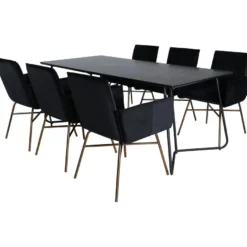 Ruokailuryhmä Venture Home, 190x90cm Petra-pöytä + 6 mustaa Petra-tuolia, sametti