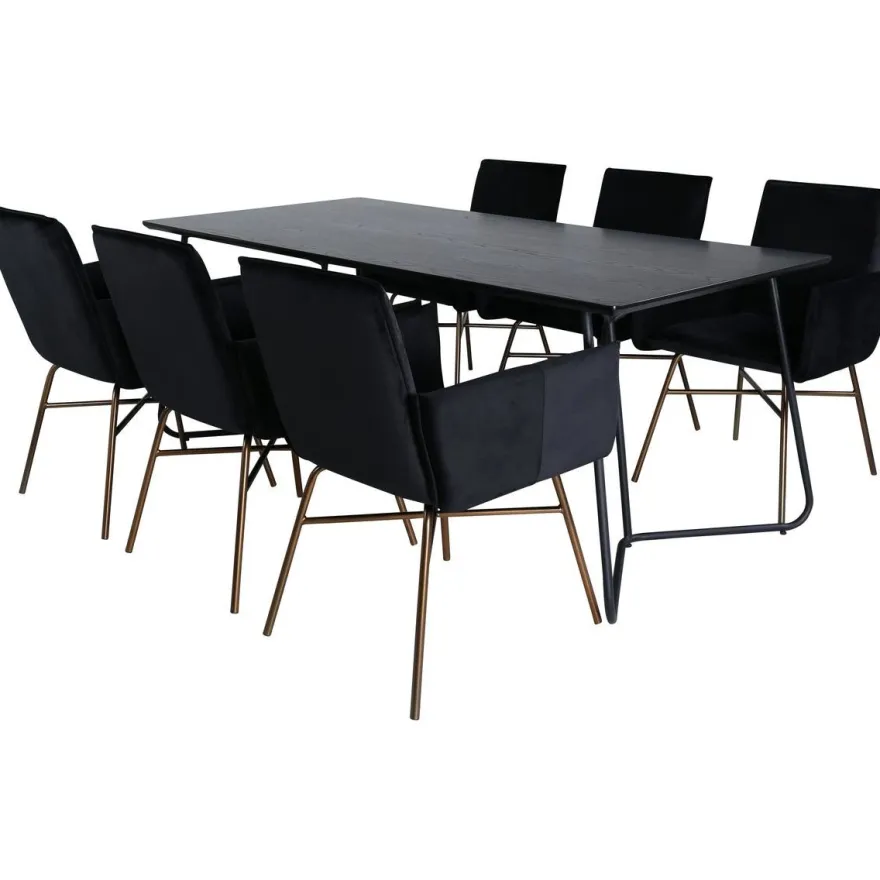 Ruokailuryhmä Venture Home, 190x90cm Petra-pöytä + 6 mustaa Petra-tuolia, sametti