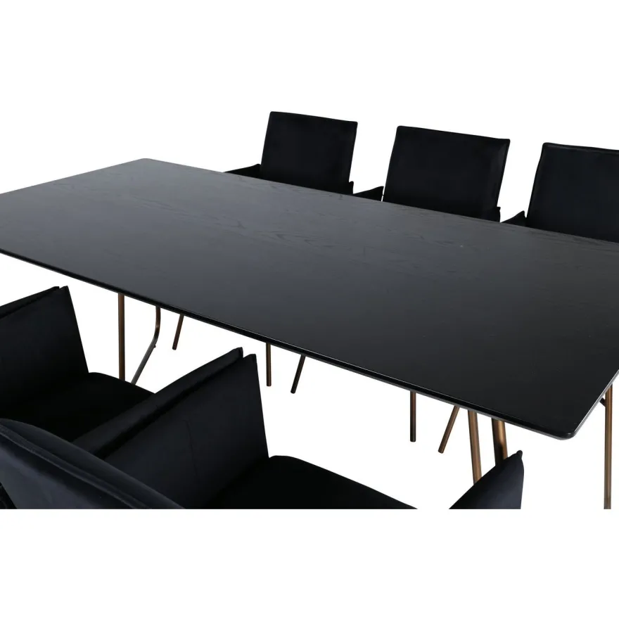 Ruokailuryhmä Venture Home, 190x90cm Petra-pöytä + 6 mustaa Petra-tuolia, sametti