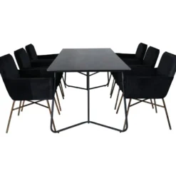 Ruokailuryhmä Venture Home, 190x90cm Petra-pöytä + 6 mustaa Petra-tuolia, sametti