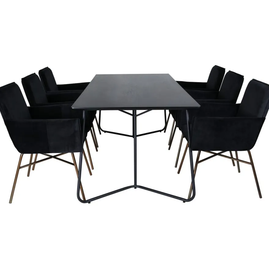 Ruokailuryhmä Venture Home, 190x90cm Petra-pöytä + 6 mustaa Petra-tuolia, sametti