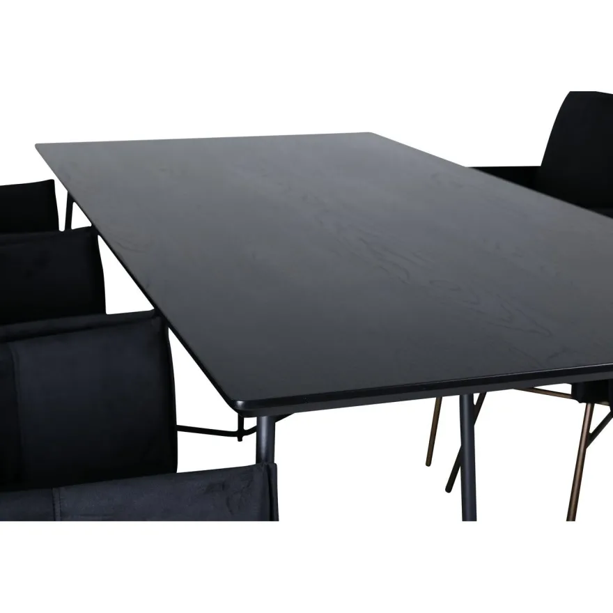 Ruokailuryhmä Venture Home, 190x90cm Petra-pöytä + 6 mustaa Petra-tuolia, sametti
