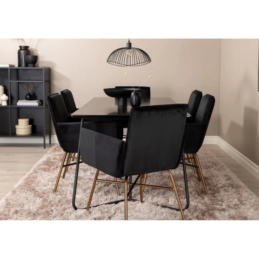 Ruokailuryhmä Venture Home, 190x90cm Petra-pöytä + 6 mustaa Petra-tuolia, sametti