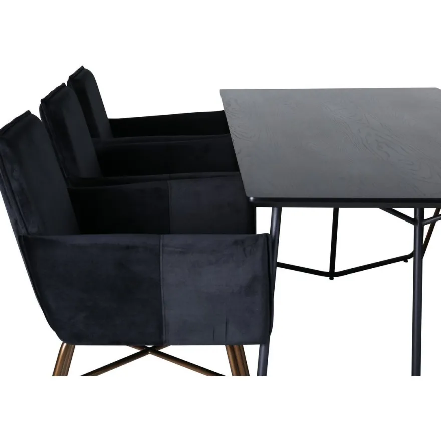 Ruokailuryhmä Venture Home, 190x90cm Petra-pöytä + 6 mustaa Petra-tuolia, sametti