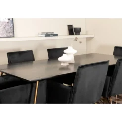 Ruokailuryhmä Venture Home, 190x90cm Petra-pöytä + 6 mustaa Petra-tuolia, sametti