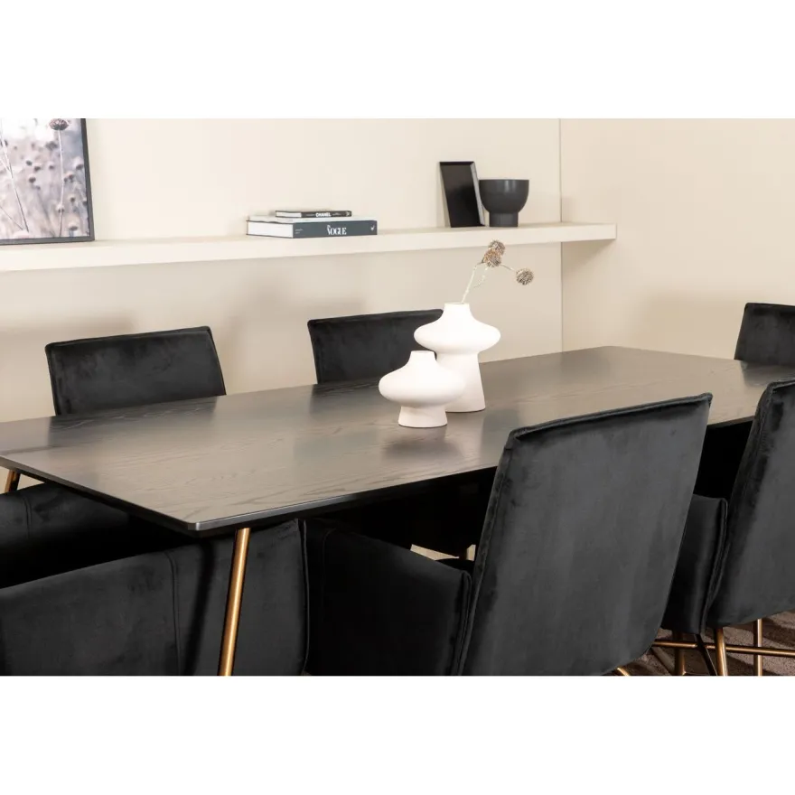 Ruokailuryhmä Venture Home, 190x90cm Petra-pöytä + 6 mustaa Petra-tuolia, sametti
