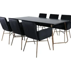 Ruokailuryhmä Venture Home, 190x90cm Petra-pöytä + 6 mustaa Petra-tuolia, sametti
