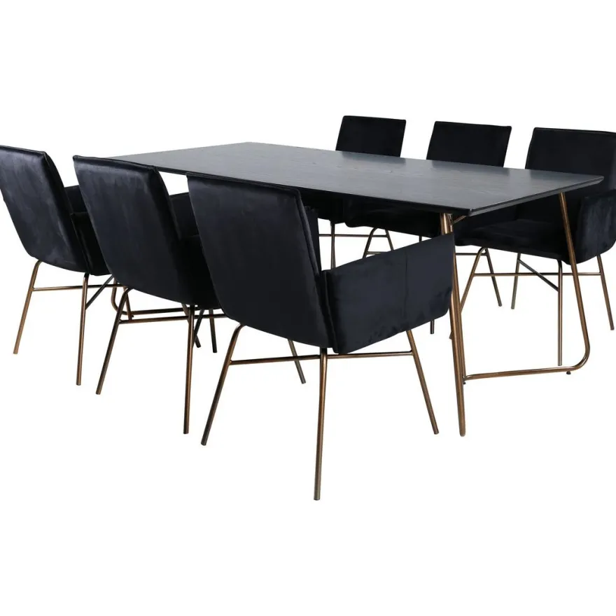 Ruokailuryhmä Venture Home, 190x90cm Petra-pöytä + 6 mustaa Petra-tuolia, sametti