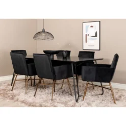 Ruokailuryhmä Venture Home, 190x90cm Petra-pöytä + 6 mustaa Petra-tuolia, sametti