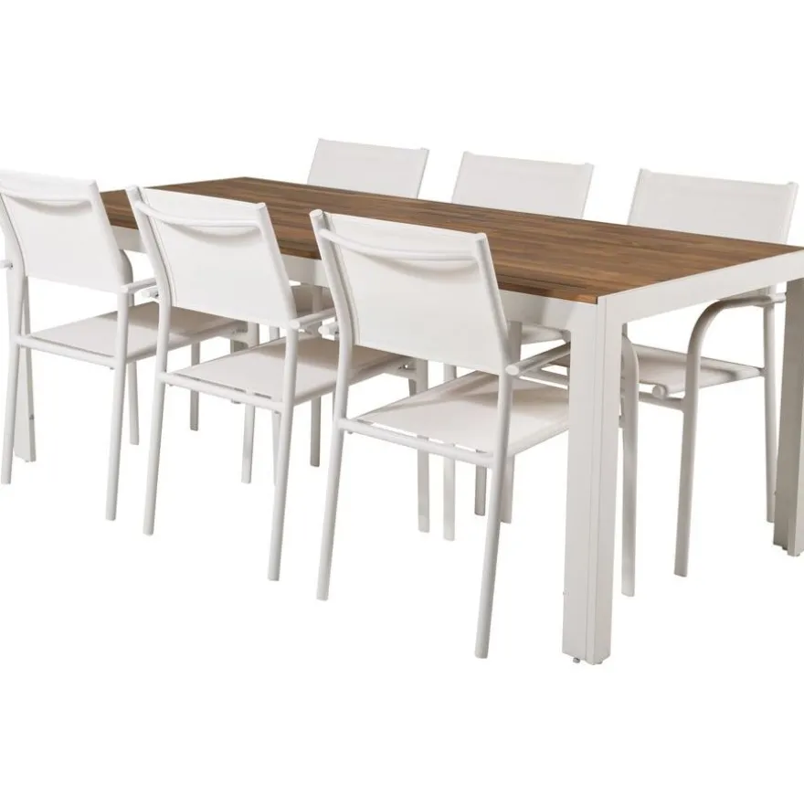 Ruokailuryhmä Venture Home, 205x90cm akaasia/valkoinen Bois-pöytä + 6 valkoista, pinottavaa Santorini-tuolia