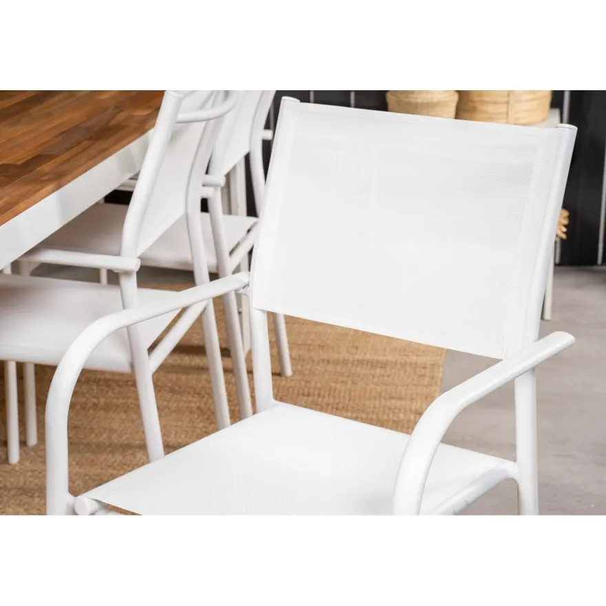 Ruokailuryhmä Venture Home, 205x90cm akaasia/valkoinen Bois-pöytä + 6 valkoista, pinottavaa Santorini-tuolia