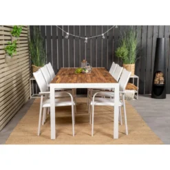 Ruokailuryhmä Venture Home, 205x90cm akaasia/valkoinen Bois-pöytä + 6 valkoista, pinottavaa Santorini-tuolia