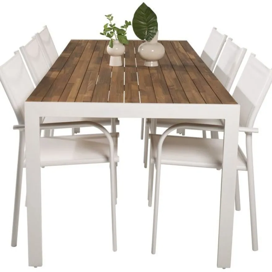 Ruokailuryhmä Venture Home, 205x90cm akaasia/valkoinen Bois-pöytä + 6 valkoista, pinottavaa Santorini-tuolia