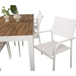 Ruokailuryhmä Venture Home, 205x90cm akaasia/valkoinen Bois-pöytä + 6 valkoista, pinottavaa Santorini-tuolia