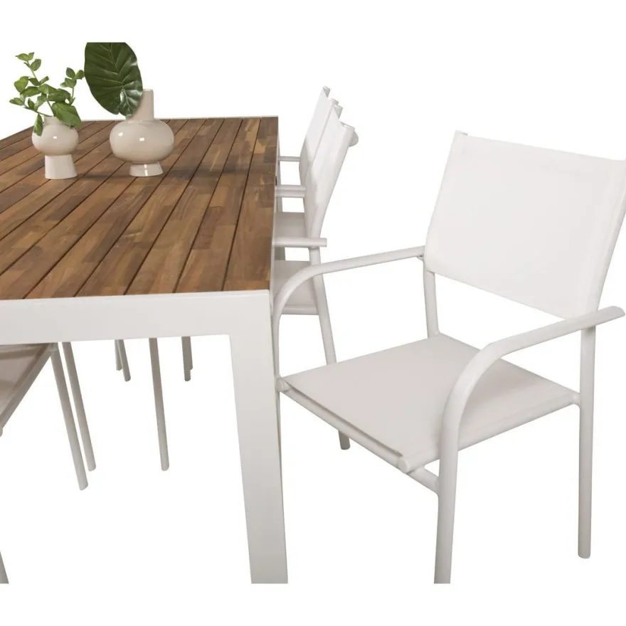 Ruokailuryhmä Venture Home, 205x90cm akaasia/valkoinen Bois-pöytä + 6 valkoista, pinottavaa Santorini-tuolia