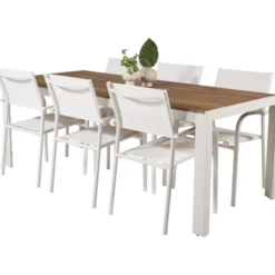 Ruokailuryhmä Venture Home, 205x90cm akaasia/valkoinen Bois-pöytä + 6 valkoista, pinottavaa Santorini-tuolia