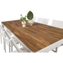 Ruokailuryhmä Venture Home, 205x90cm akaasia/valkoinen Bois-pöytä + 6 valkoista, pinottavaa Santorini-tuolia