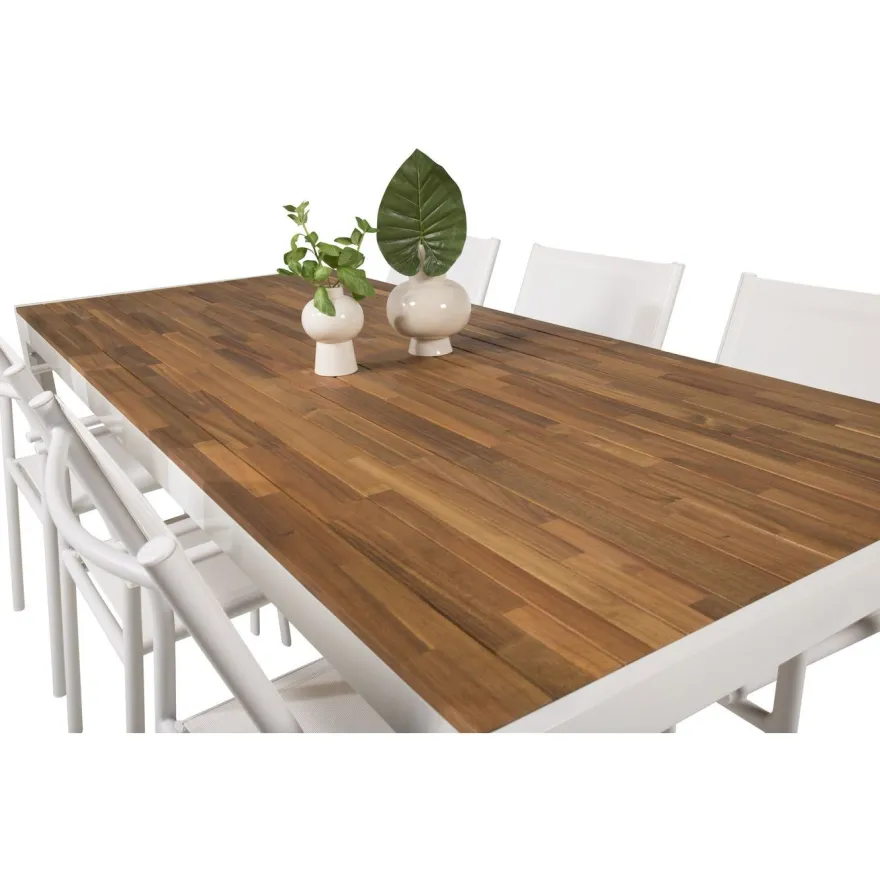 Ruokailuryhmä Venture Home, 205x90cm akaasia/valkoinen Bois-pöytä + 6 valkoista, pinottavaa Santorini-tuolia