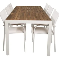 Ruokailuryhmä Venture Home, 205x90cm akaasia/valkoinen Bois-pöytä + 6 valkoista, pinottavaa Santorini-tuolia
