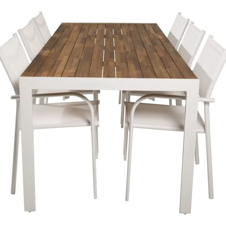 Ruokailuryhmä Venture Home, 205x90cm akaasia/valkoinen Bois-pöytä + 6 valkoista, pinottavaa Santorini-tuolia