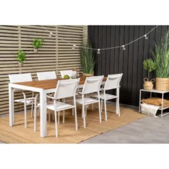 Ruokailuryhmä Venture Home, 205x90cm akaasia/valkoinen Bois-pöytä + 6 valkoista, pinottavaa Santorini-tuolia