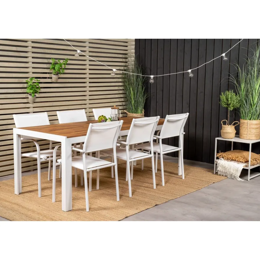 Ruokailuryhmä Venture Home, 205x90cm akaasia/valkoinen Bois-pöytä + 6 valkoista, pinottavaa Santorini-tuolia