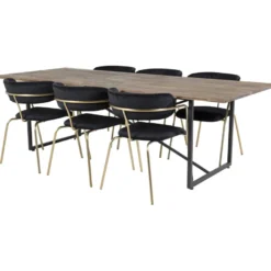 Ruokailuryhmä Venture Home, 250x100cm ruskea Padang-pöytä + 6 mustaa Arrow-tuolia, sametti