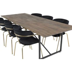 Ruokailuryhmä Venture Home, 250x100cm ruskea Padang-pöytä + 6 mustaa Arrow-tuolia, sametti
