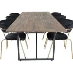 Ruokailuryhmä Venture Home, 250x100cm ruskea Padang-pöytä + 6 mustaa Arrow-tuolia, sametti