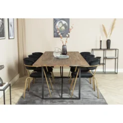 Ruokailuryhmä Venture Home, 250x100cm ruskea Padang-pöytä + 6 mustaa Arrow-tuolia, sametti