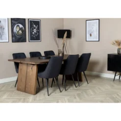 Ruokailuryhmä Venture Home, 210x100cm Logger-pöytä + 6 mustaa Velvet Deluxe -tuolia