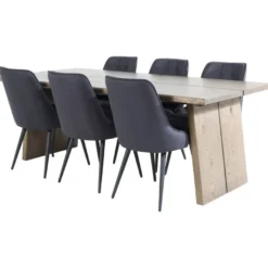 Ruokailuryhmä Venture Home, 210x100cm Logger-pöytä + 6 mustaa Velvet Deluxe -tuolia