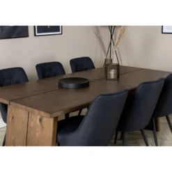 Ruokailuryhmä Venture Home, 210x100cm Logger-pöytä + 6 mustaa Velvet Deluxe -tuolia