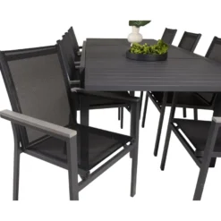 Ruokailuryhmä Venture Home,160/240x100cm jatkettava musta Marbella-pöytä + 8 mustaa, pinottavaa Parma-tuolia