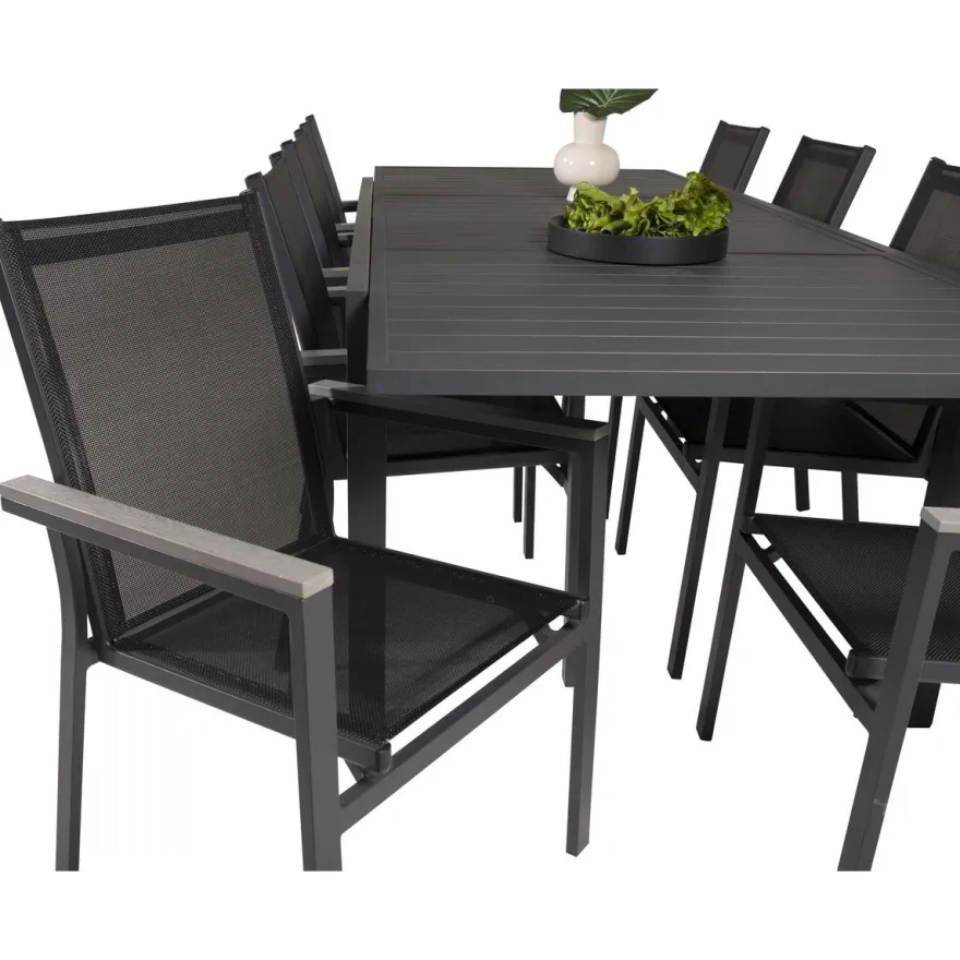 Ruokailuryhmä Venture Home,160/240x100cm jatkettava musta Marbella-pöytä + 8 mustaa, pinottavaa Parma-tuolia