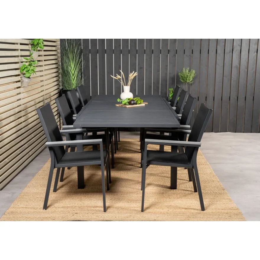 Ruokailuryhmä Venture Home,160/240x100cm jatkettava musta Marbella-pöytä + 8 mustaa, pinottavaa Parma-tuolia