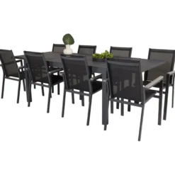 Ruokailuryhmä Venture Home,160/240x100cm jatkettava musta Marbella-pöytä + 8 mustaa, pinottavaa Parma-tuolia