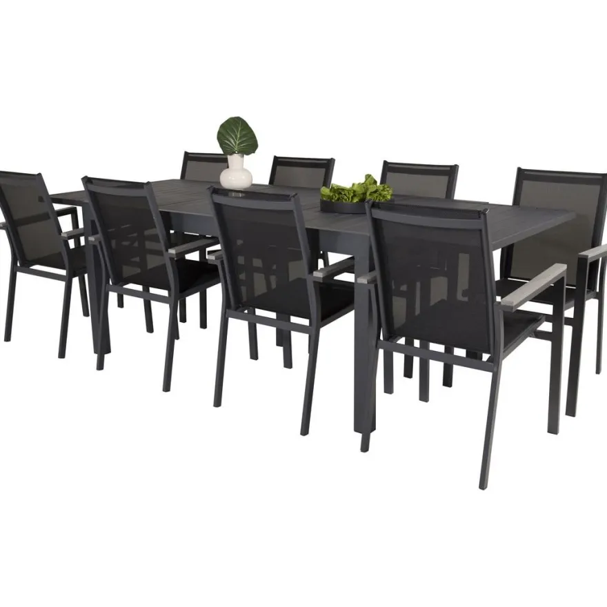Ruokailuryhmä Venture Home,160/240x100cm jatkettava musta Marbella-pöytä + 8 mustaa, pinottavaa Parma-tuolia